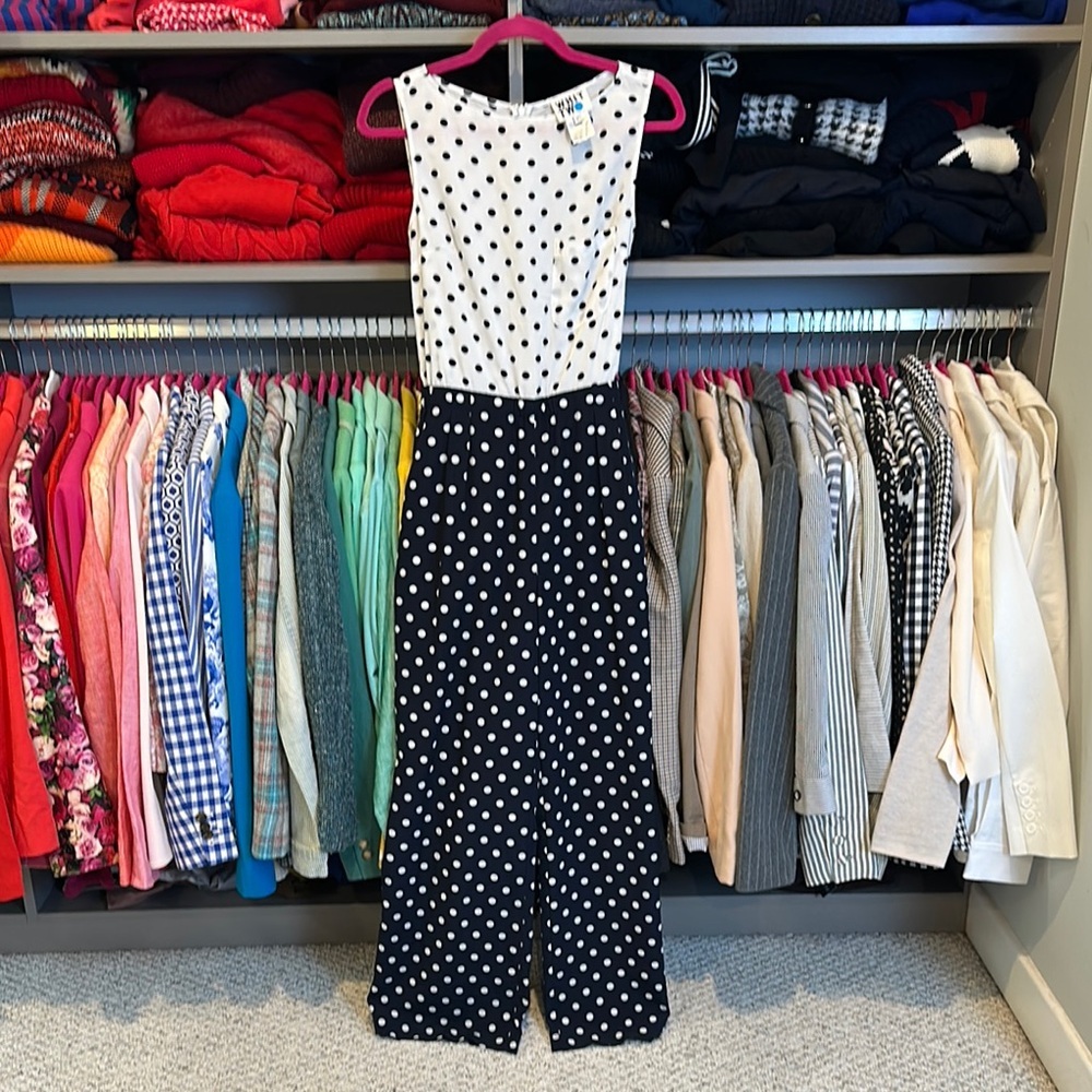 Whit Two navy/black white polka dot sleeveless tie back or front jumpsuit size 2